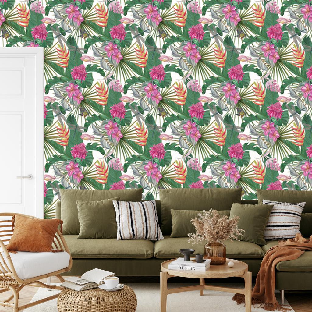 Wallpaper Beautiful Leaves Exotic Flowers for Living Room and Bedroom 50x1000