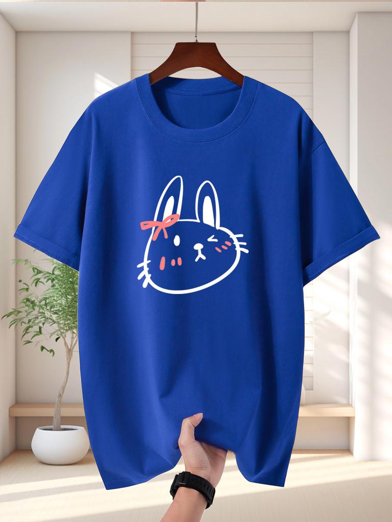 Unisex T Shirt Cute Bunny Pink Bow Graphic Tee Minimalist Line Art Print Short Sleeve O Neck Loose Casual Tops Summer Streetwear