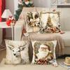 4pcs Vintage Christmas Santa Deer Tree Bow Throw Pillow Covers Golden Holiday Decorative Pillowcases for Sofa Couch Home Decor