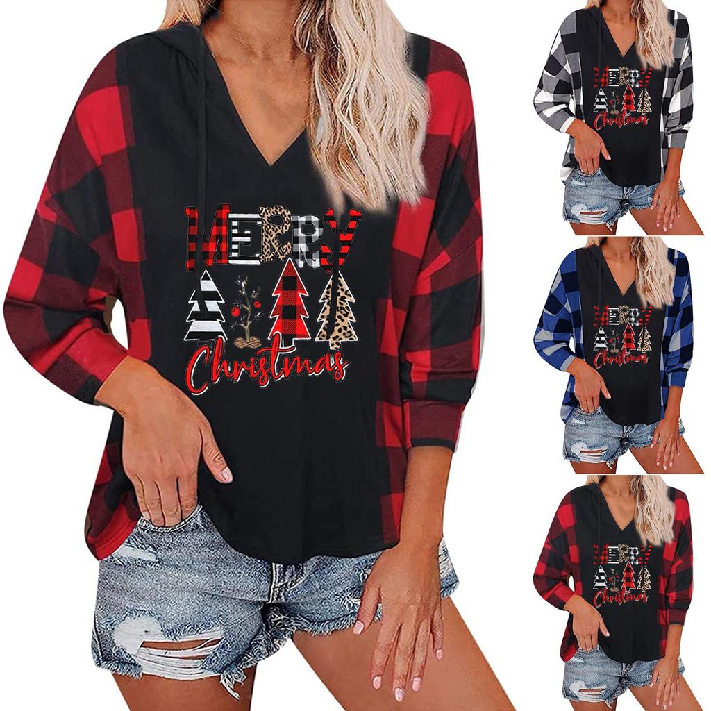 Buy Women's Fashion Leisure Christmas Printed Plaid Long Sleeve Hoodies ...