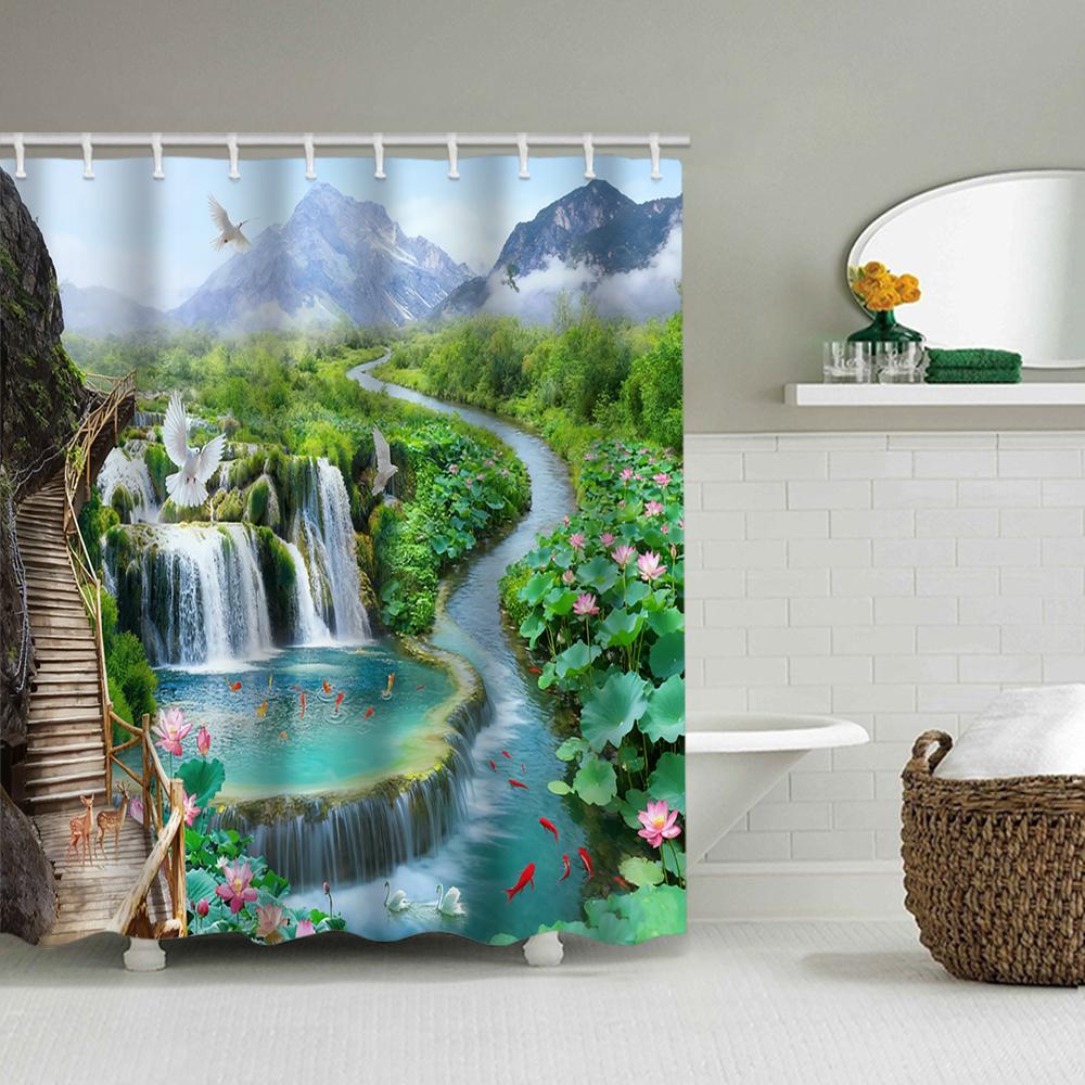 1/4 Forest Waterfall Print Shower Curtains, Toilet Seat Decoration, Shower Curtain with Carpet and Toilet Lid, 70.8x70.8 Inch