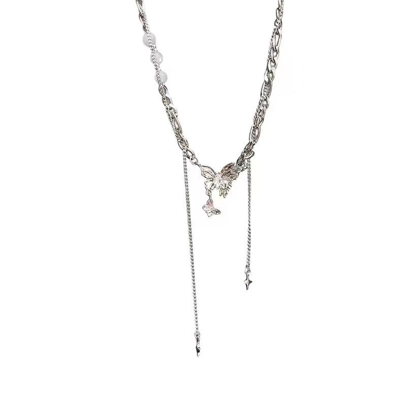 Butterfly tassel splicing necklace female niche design sense ins cold wind hip hop sweet cool personality collarbone chain accessories