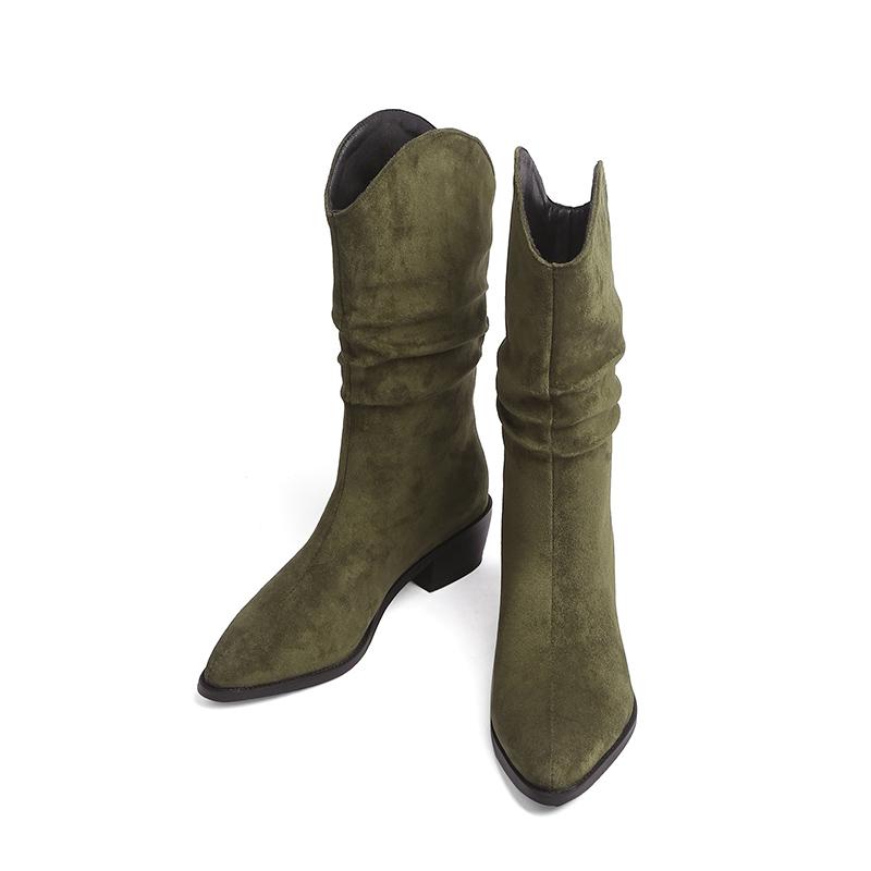 Женские короткие ботинки на низком каблуке осень и зима новые на толстом каблуке простой темперамент большого размера замшевые короткие ботинки 44 зелёный 6900₽