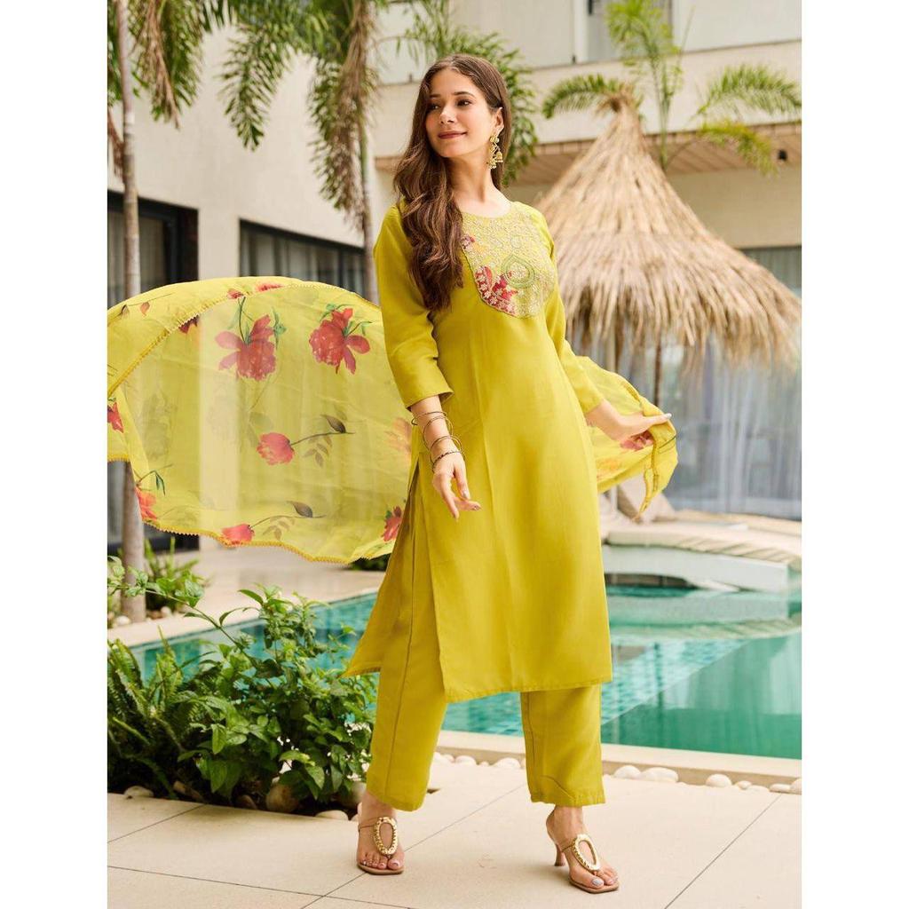 Women's Rayon Embroidered Straight Kurta with Pant And Dupatta Sets