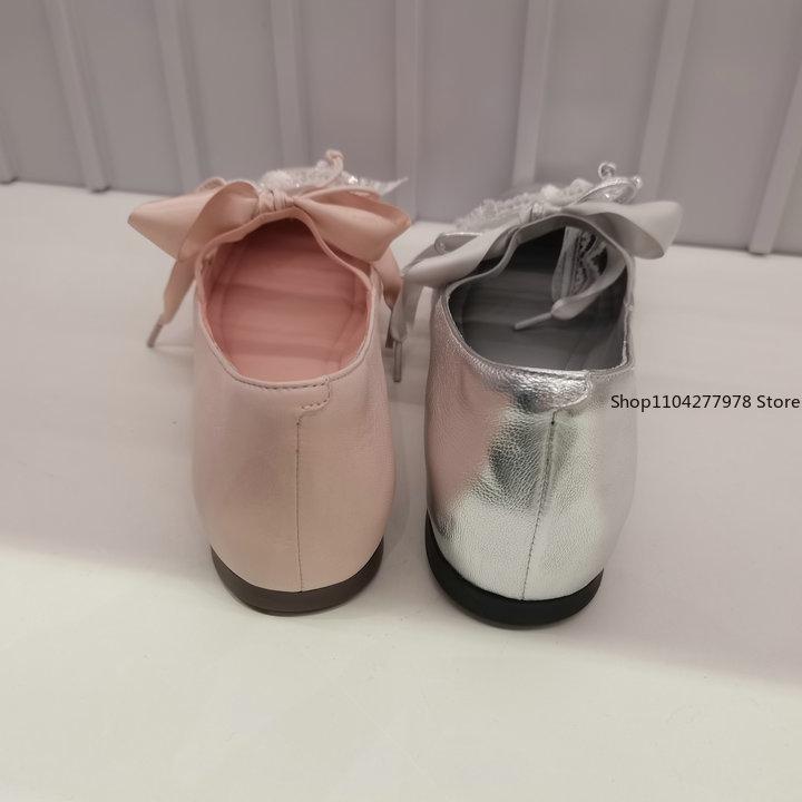 Fashion Ballet Silver Flats Spring Mary Jane Shoes Small Square Bow Flat Shoes Lazy Slip-on Single Shoes Soft Sole Comfort Dress Pumps