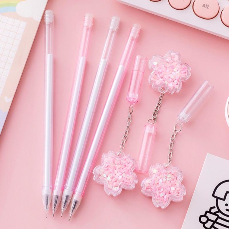 16 Pcs Wholesale Creative Pink Sequins Cherry Blossom Pendant Neutral Pen Lovely Flower Student Signature Pen Writing Supplies School Office Supplies