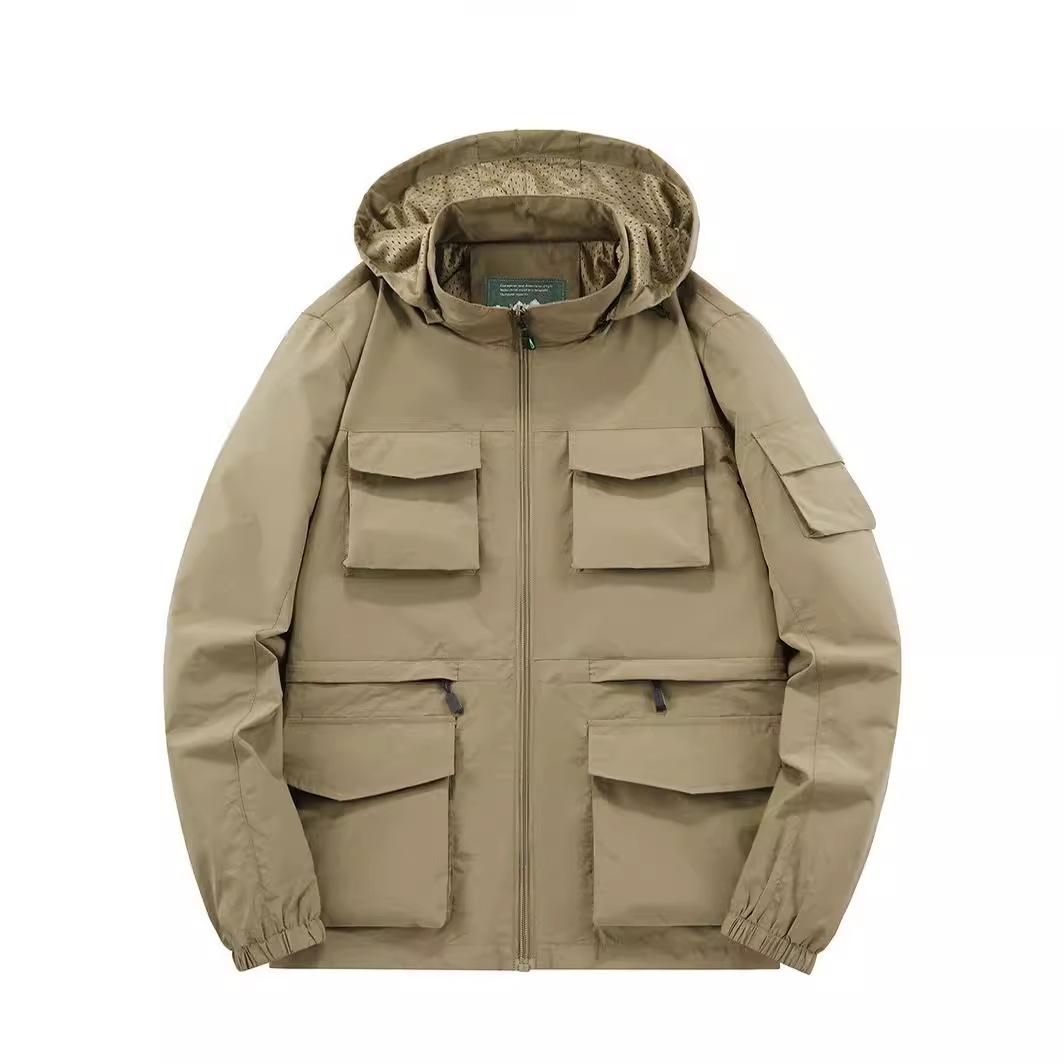 Winddichte Jas Heren Lente en Herfst Buiten Multi-pocket Losse Tooling Trenchcoat Wandelen Sportjas L beige
