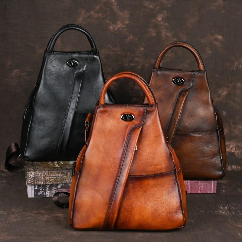 Retro Genuine Leather Women Backpack Travel Bag Leisure Large Capacity Cowhide Solid Color Backbag
