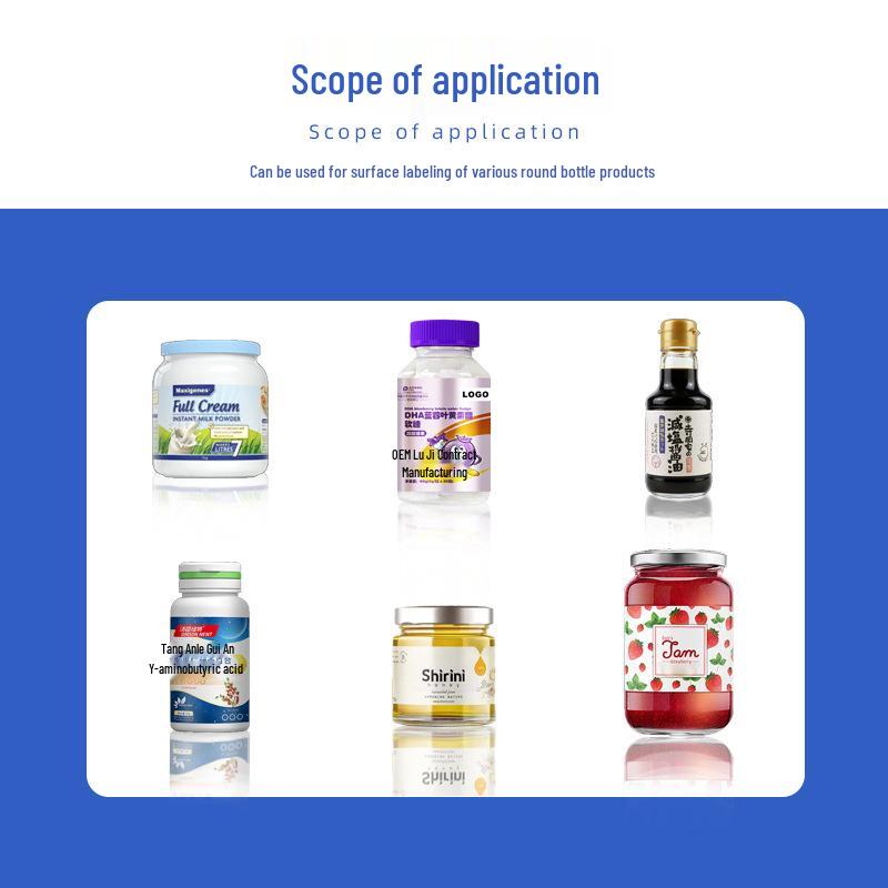 Fully Automatic Round Bottle Labeling Machine for Mineral Water, Juice, Milk, Glass, and Plastic Bottles.