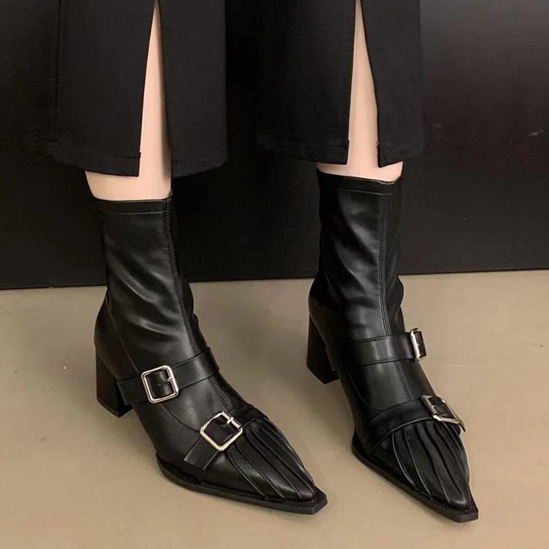 

Остроносые женские ботильоны на высоком каблуке, офисная обувь, тренд 2025 года, сексуальные брендовые ботинки на молнии, массивные панк-ботинки, дизайнерские туфли-лодочки Mujer Botas 40 чёрный
