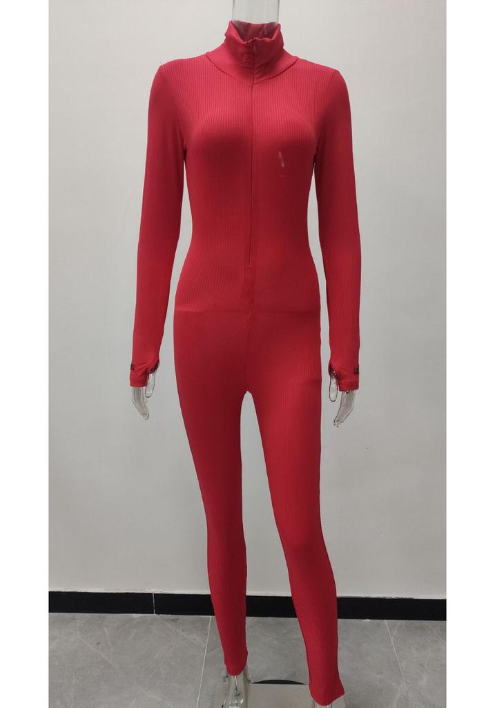 Damen Hochgeschlossener Bestickter Fitness-Jumpsuit - Stretch, Schlankmachend, Reißverschluss Design 2026