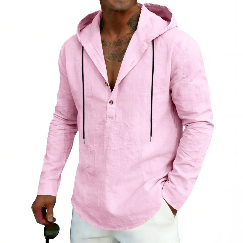 New Men’s Linen Plus-size Hooded Long-sleeved Top – Casual Plain-colour Hoodie