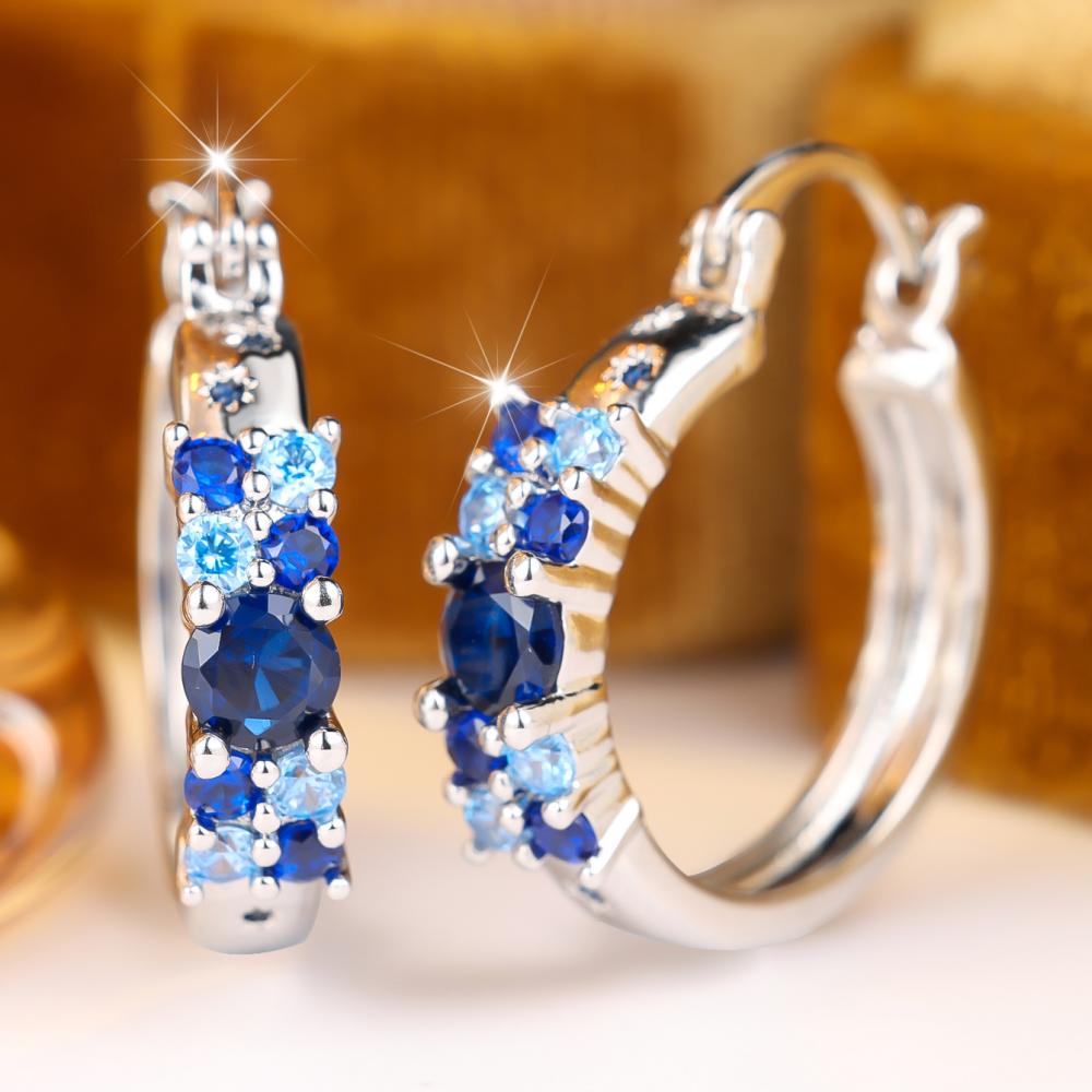 Elegant Silver Color Blue Cluster Zircon Huggie Earrings for Women Daily Wear and Party