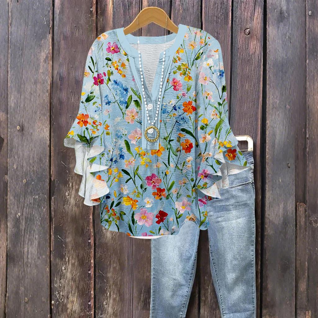 Damenmode Knopf V-Ausschnitt Rüschen Siebenärmel Bluse Geblümtes Top