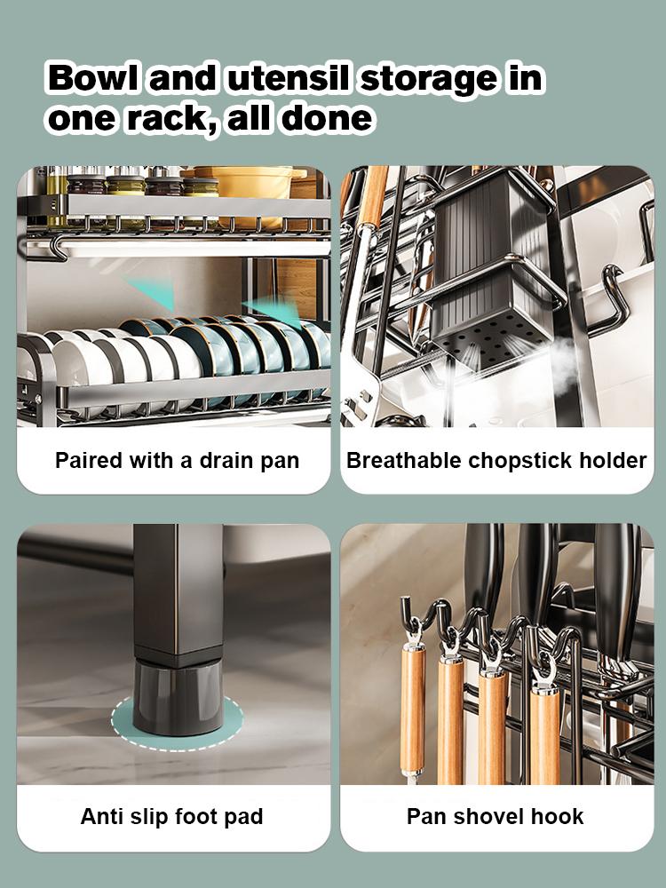 Dish Drying Rack 2-Tier Compact Kitchen Dish Rack Drainboard Set Large Rust-Proof Dish Drainer with Utensil Holder