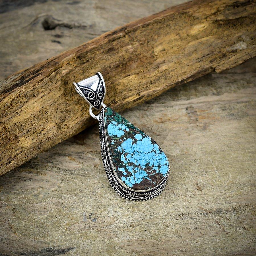 Tibetan Turquoise Gemstone 925 Sterling Silver Jewelry Pendant 2.25" M-32