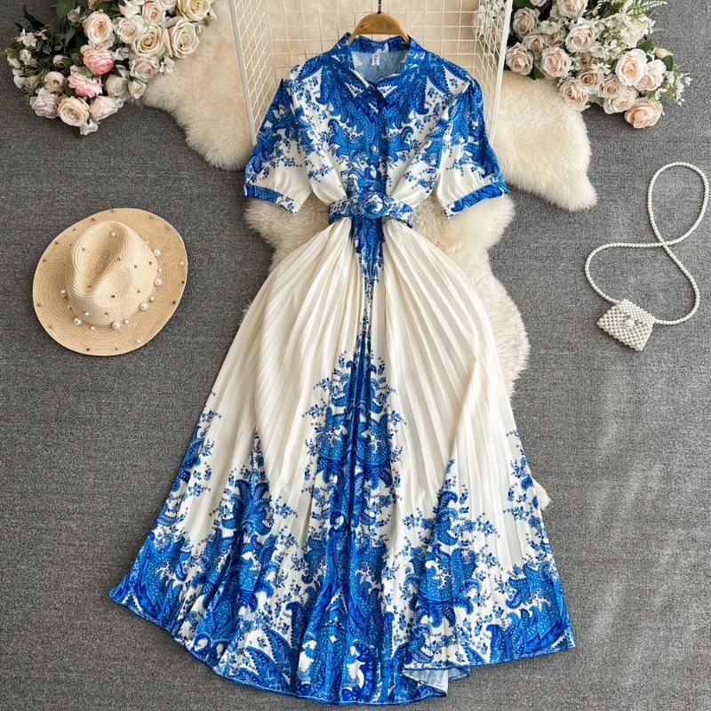 Summer Vintage Women Print Pleated Party Long Dress Elegant Turn-Down Collar Short Sleeve High Waist Draped Beach Vestidos New