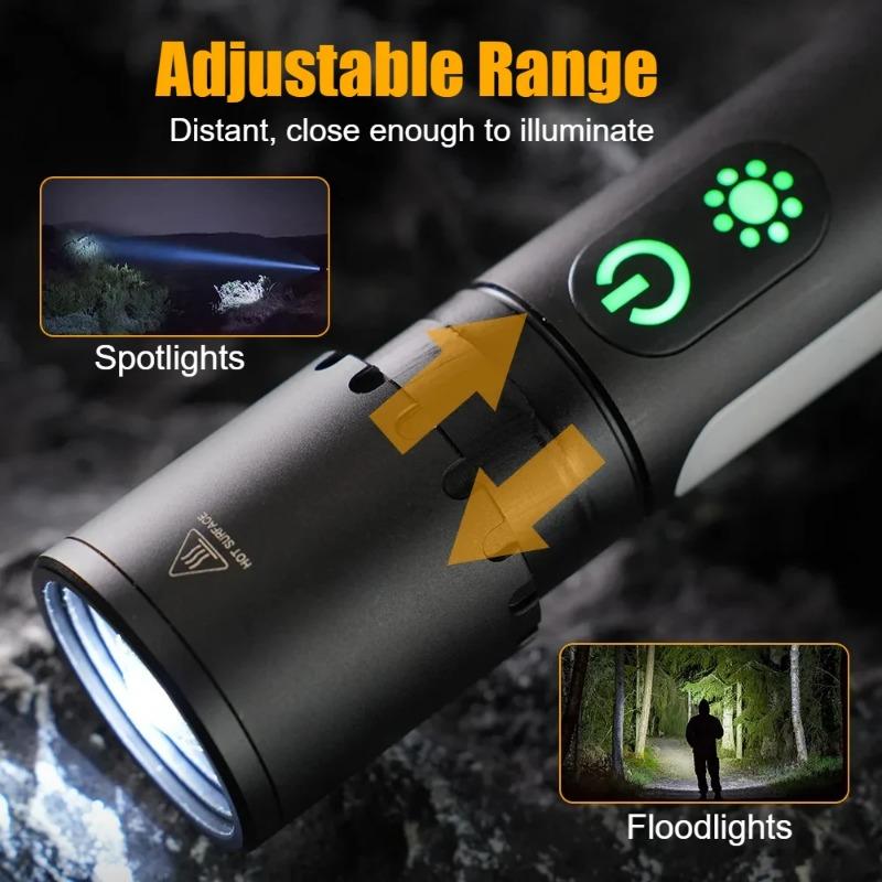 3500MAH USB Rechargeable LED Flashlight Powerful Zoom Camping Lantren 9 Modes Type-C Charging Aluminum Alloy Torch Tactical Outdoor Light with Hooks