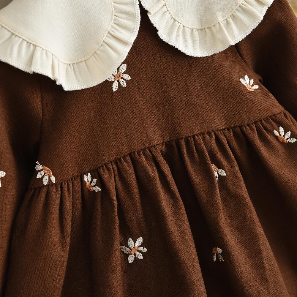 Baby Mädchen Kleid mit floraler Stickerei, Umlegekragen, langen Ärmeln, Frühling/Herbst-Stil