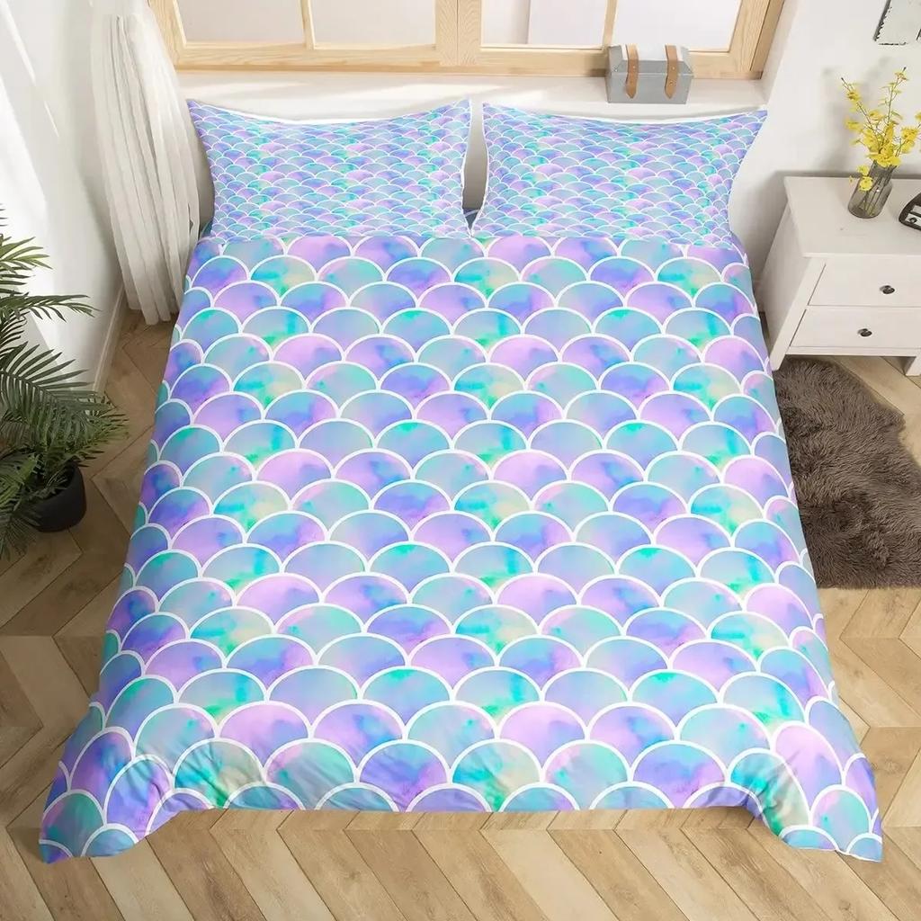 Mermaid Tail Fish Scales Girly Shell Starfish Comfortable Duvet Quilt Cover Pillowcase Bedding Set Children Bedroom Home Textile