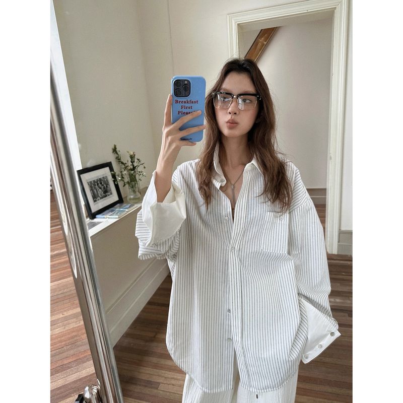 

Tone Concept Ретро Белая Рубашка в Вертикальную Полоску для Женщин 2025 Весна и Осень Свободные Кардиганы с Длинным Рукавом для Защиты от Солнца White Stripe (Premium Edition) S