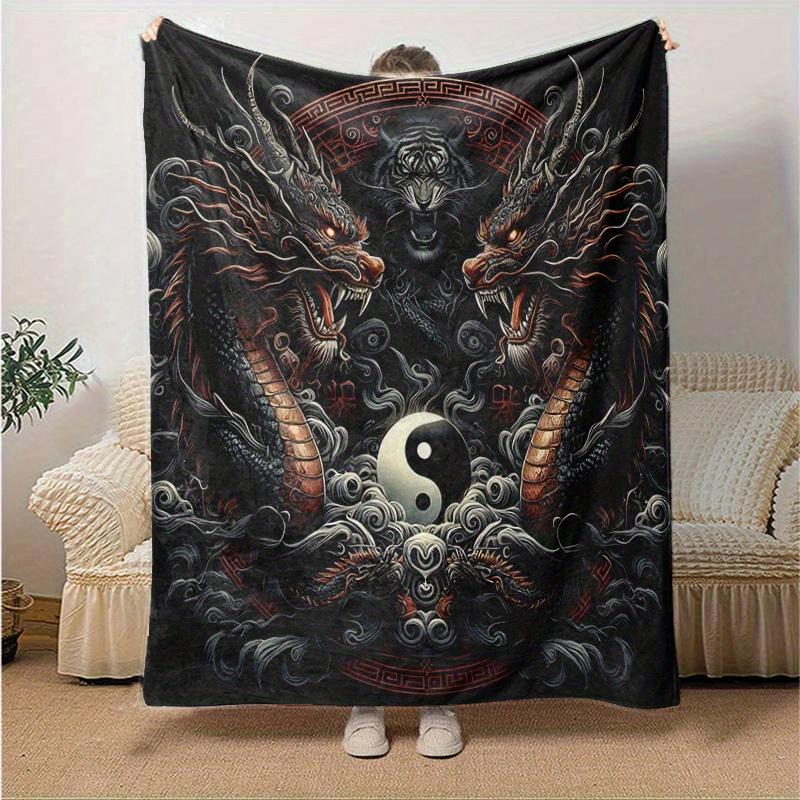 1pc Yin and Yang Dragons Blanket, Cartoon Home Decor Gift, Living Room, Travel, Camping, Car Blankets