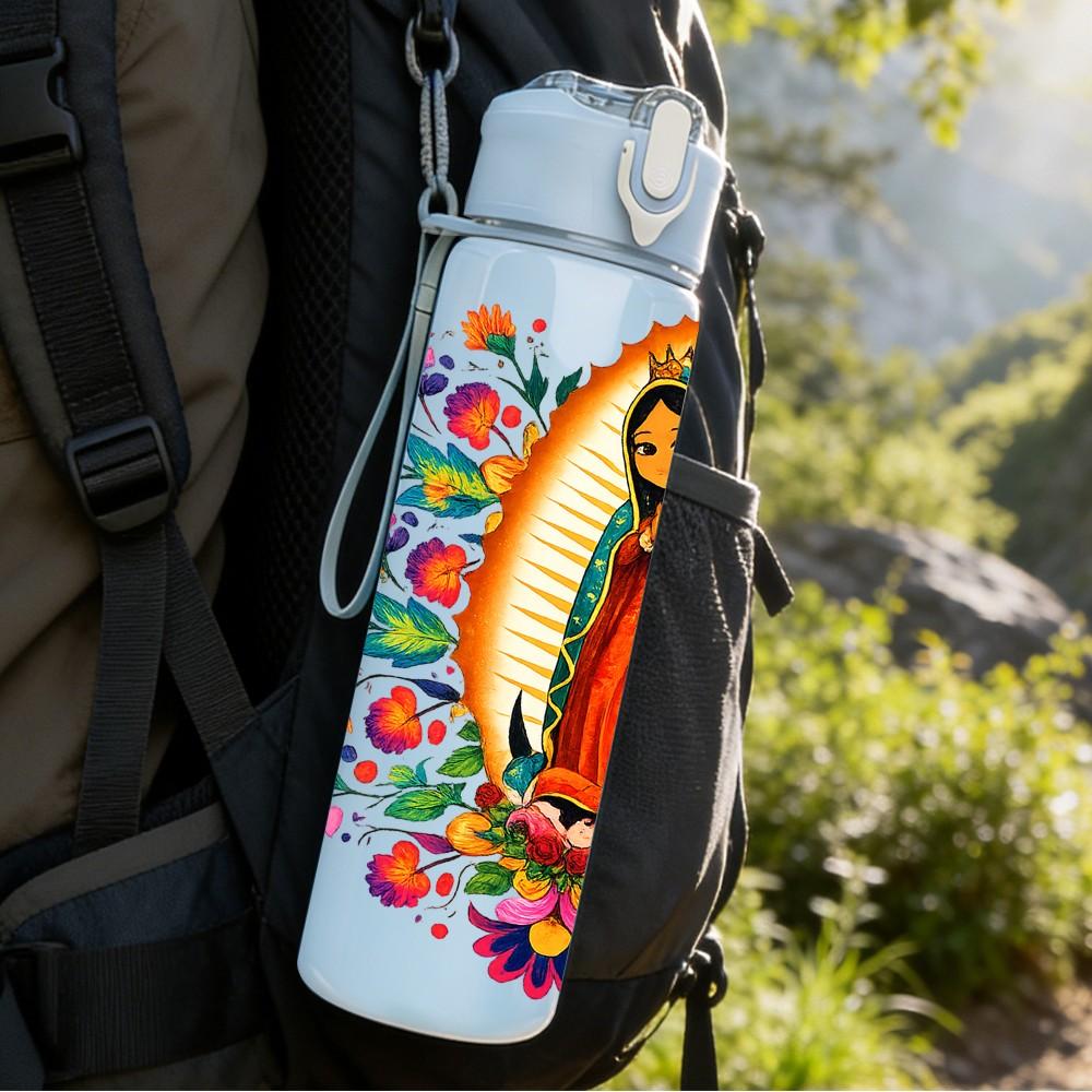 1PC Our Lady Of Guadalupe Religious Print 750ml Color Plastic Sports Water Bottle Leakproof Flip Straw Lid Suitable for Sports Office Home Use