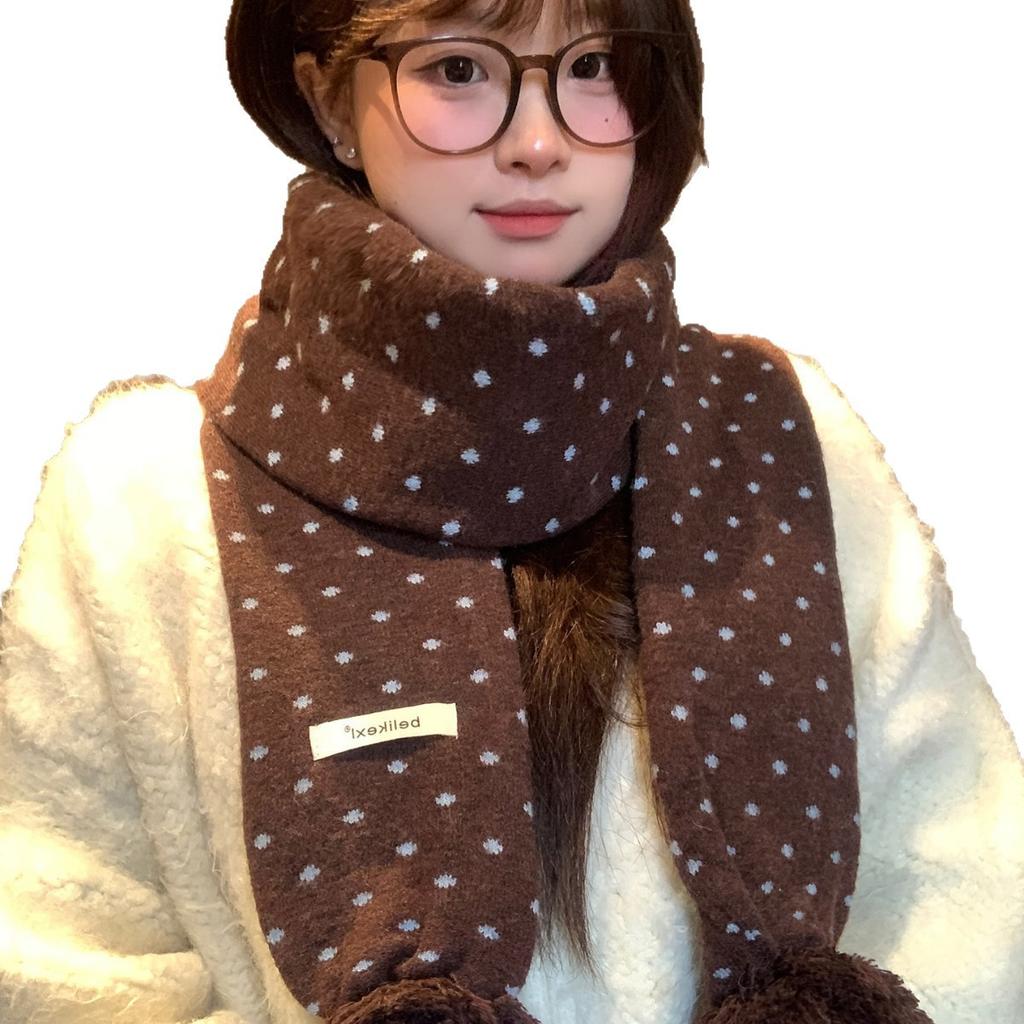 Japanese Soft Waxy Coffee Color Polka Dot Double-layer Hanging Ball Knitted Scarf Women's Autumn and Winter Warm Atmosphere Korean Versatile Scarf