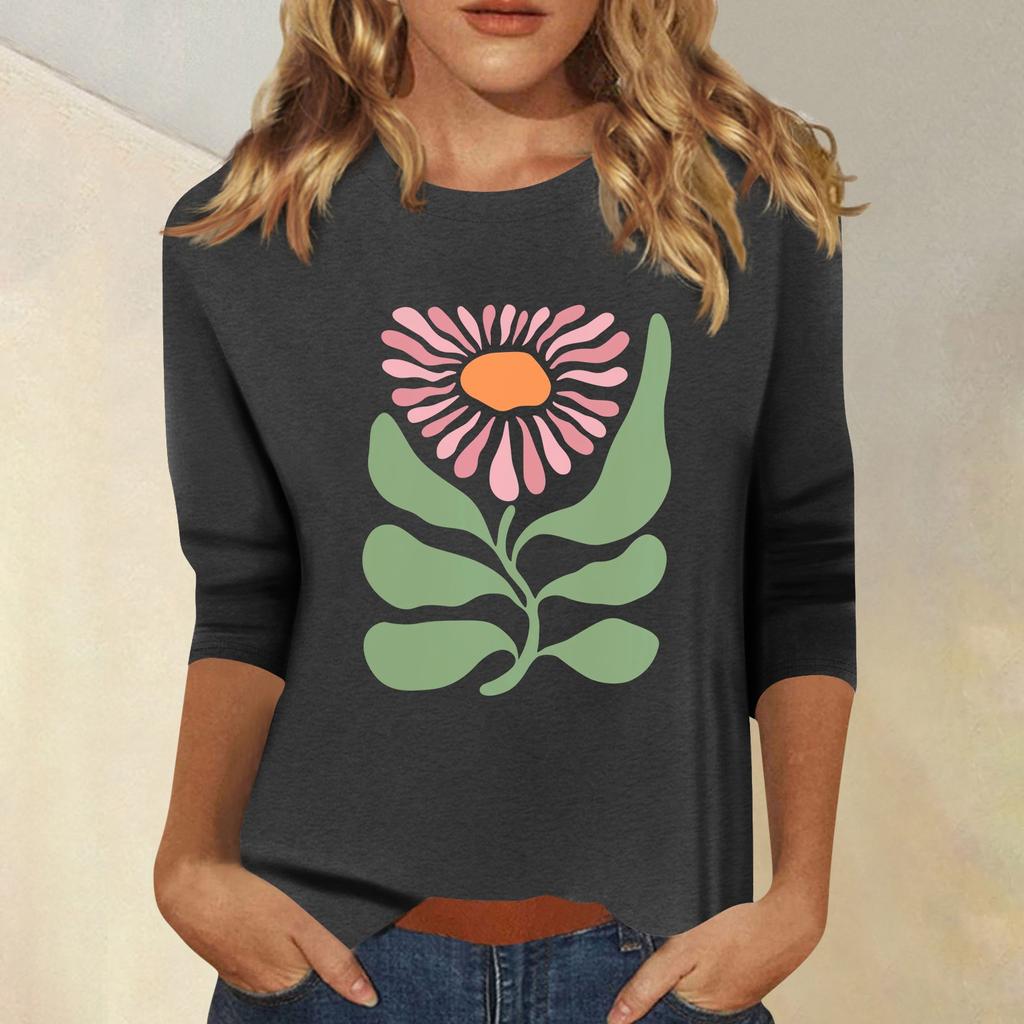 Damenmode, lässig, bedruckt, sieben Ärmel, Rundhalsausschnitt