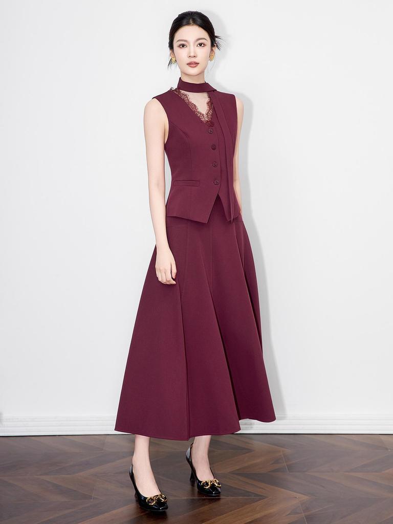 Elegant Lace V-Neck Vest & Midi Skirt Set - Women's New Autumn Style