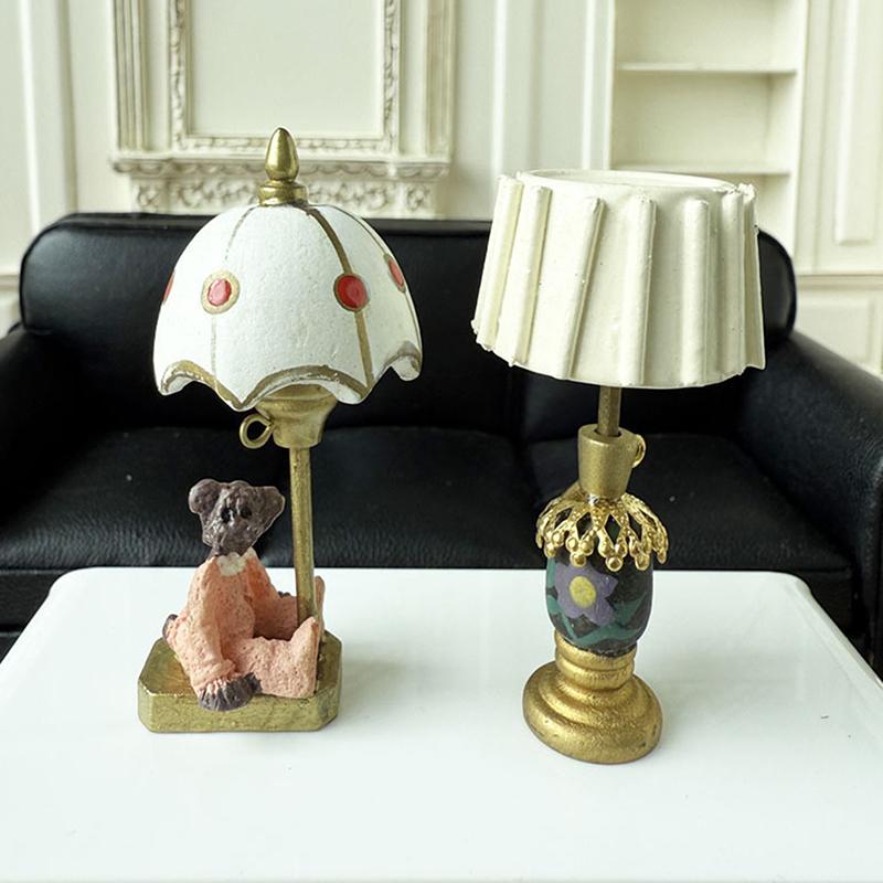 1:12 Dollhouse Miniature Bear Table Lamp White Cover Bedside Lamp Furniture Home Model Decor Toy Doll House Accessories