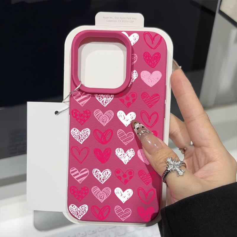 Pinker Liebesherzen-Druck Ledertextur TPU Matte Hülle Für iPhone 16 Pro Max 15 Pro 14 13 12 11 Weich Schlank Stoßfest Handyhülle