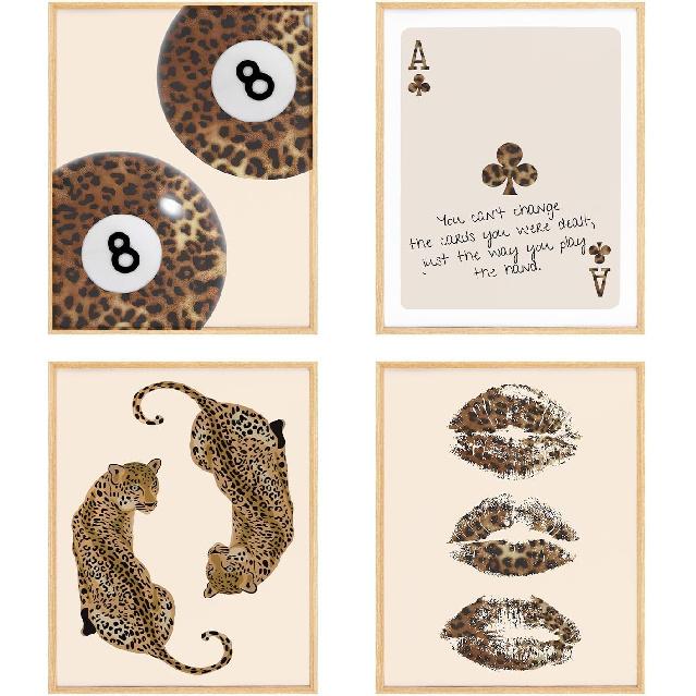 BRRNYOI Coquette Pink Bow Leopard Wall Art Posters Set of 4, Cheetah Print Room Decor, Preppy Leopard Cherry Lips Martini Canvas Prints Wall Decor 6