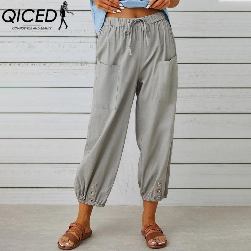 QICED 12 Color Women's Fashion Casual Solid Color Print Pants & Capris