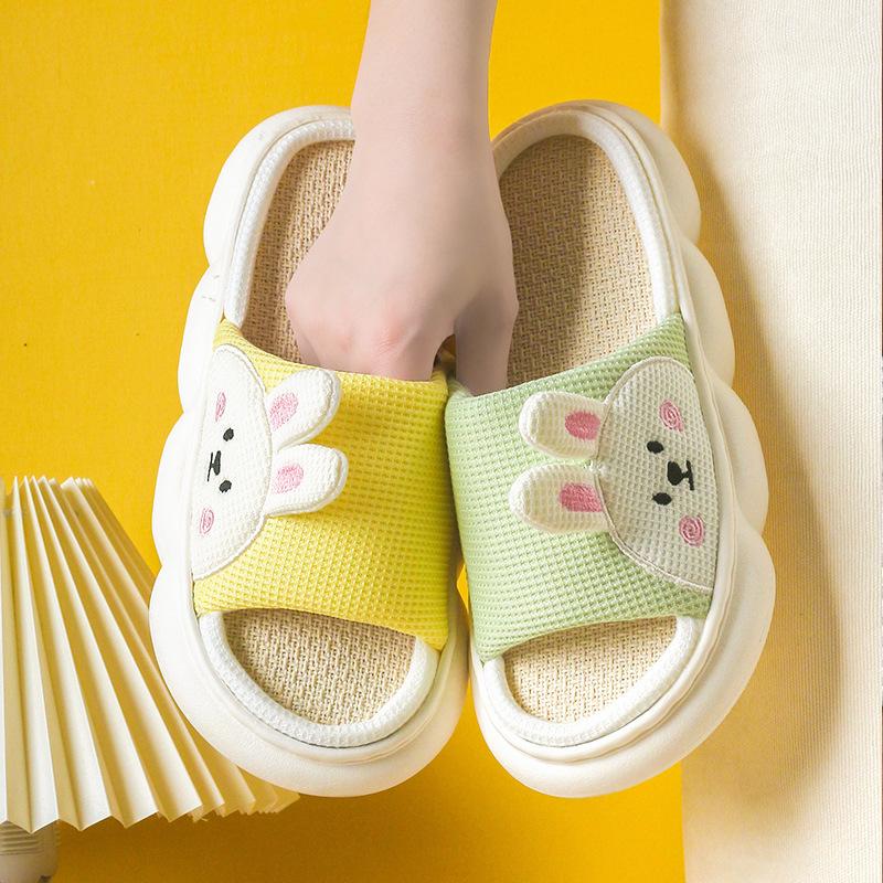 Linen slippers women's four seasons indoor home home summer wear stepping on shit silent thick-soled cotton and linen slippers