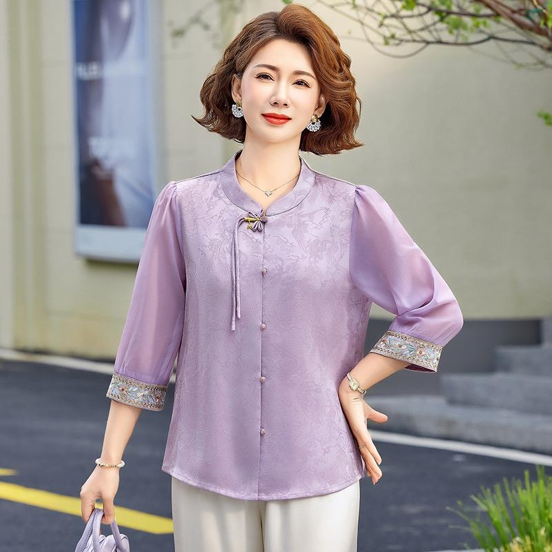 

Chic Summer Seven-Sleeve Loose Top: Trendy Chinese Style for Middle-Aged & Elderly Women XL (90-105 jin) светло-фиолетовый