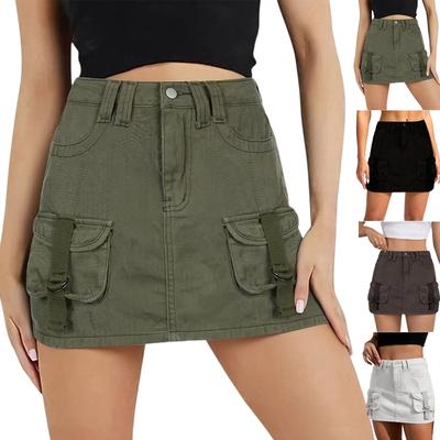 Women Casual Low Waist Slim Fit Mini Skirt with Utility Pockets Belt Loops and Front Button Closure Suitable for Daily Wear