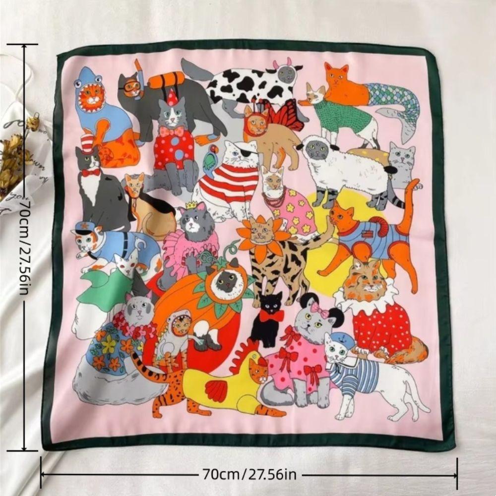 Retro Cartoon Cat Head Wrap Headband Imitation Silk Women Neckerchief  Spring and Summer