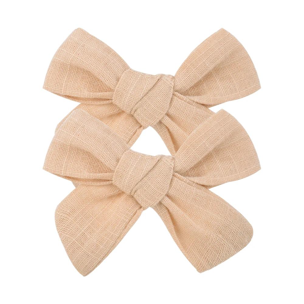 2Pcs/Set 3Inches Cotton Linen Solid Color Bowknot Hair Clip for Kids Girls Handmade Boutique Hair Bows Headwear Hair Accessories