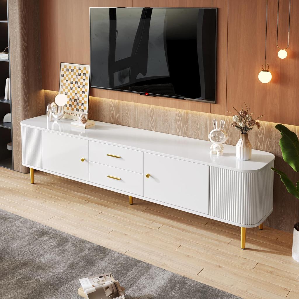 Dulap TV, cu laterale ondulate și mânere aurii, 2 uși, 2 sertare, design modern, colțuri rotunjite, sigur și funcțional, pentru living