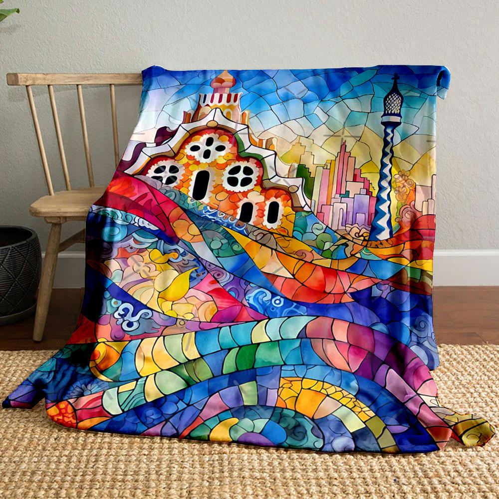 A vibrant stained glass design with curving patterns and architectural forms. for all seasons blanket lunch break throw gift