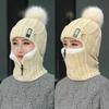 Hochwertiger Winter Siamese Schal Kragen Wolle Gestrickte Mütze Beanie Kappen Mütze Skifahren Reiten Bommel Mütze Plüsch Fleece Ohrenmütze(6 Farben)