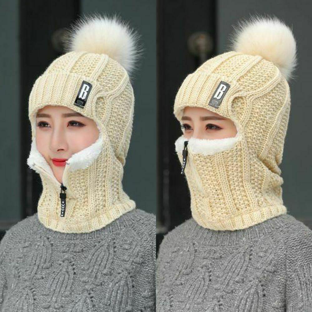 Hochwertiger Winter Siamese Schal Kragen Wolle Gestrickte Mütze Beanie Kappen Mütze Skifahren Reiten Bommel Mütze Plüsch Fleece Ohrenmütze(6 Farben)