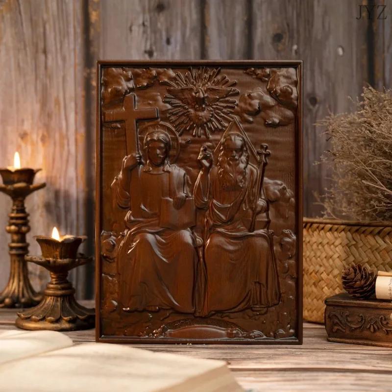 Vintage Religious Holy Statues Trinity Wood Wall Decor, Catholic Mural Family Home Decor