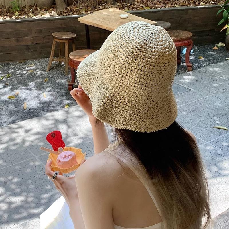 Handmade Crochet Straw Bucket Hat Summer Beach Sun Protection Hat for Women