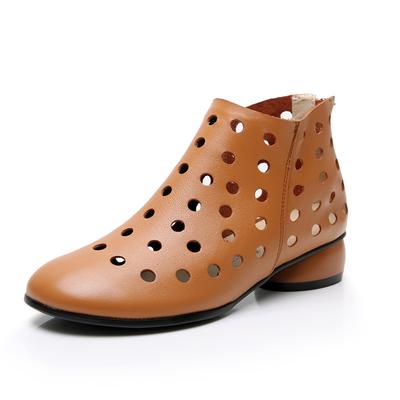 Short Boots Ladies Genuine Leather Sandals Thick Heels Hollow Women's Shoes 2026 New Spring Summer Cowhide Women's Shoes 34-43