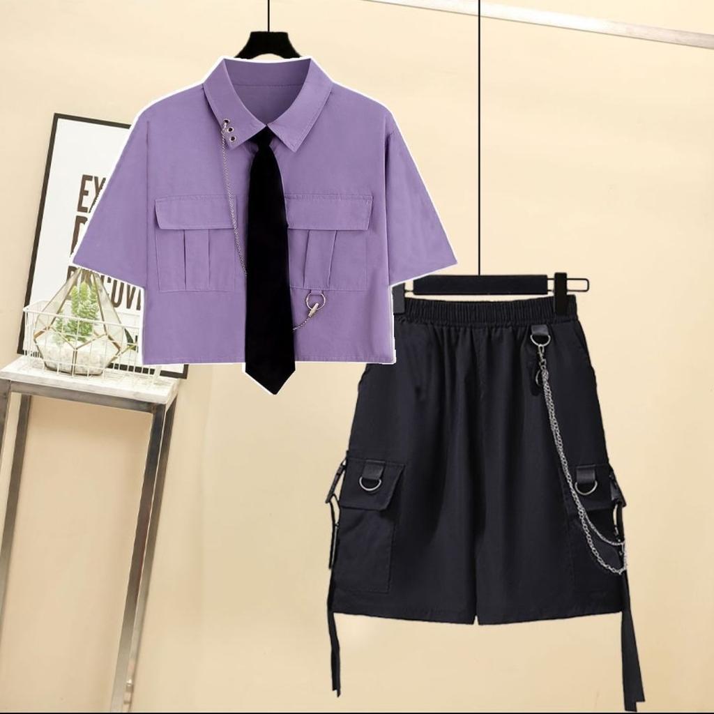 Spring Summer Streetwear Cargo Shorts Sets High Waist Joggers Women 2 Piece Short Sleeve Top with Casual Trousers