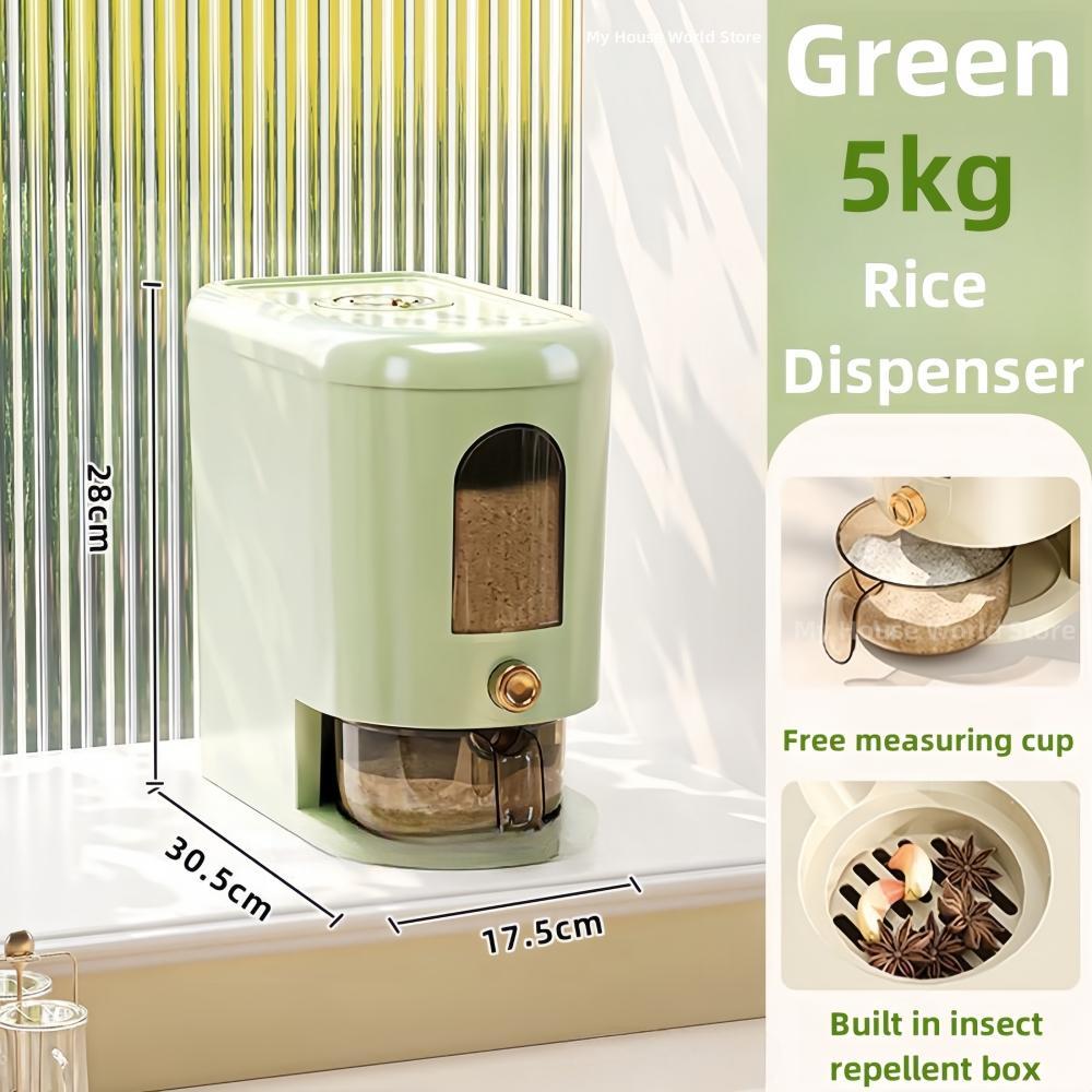 

Органайзер для хранения риса, 5 кг, автоматический пластиковый диспенсер для круп, ящик для хранения, большая вместимость, органайзер для риса, свежей еды для домашних животных 5KG зелёный