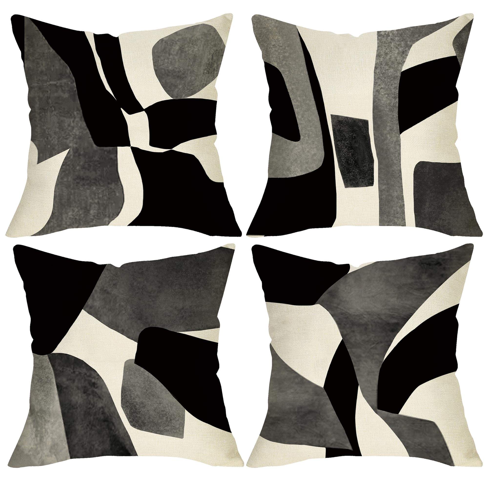 4 Stück Schwarz Grau Beige Abstrakte Kissenbezüge Geometrische Kunst Kissenhüllen für Wohnzimmer Schlafzimmer Sofa Heimdekoration 4PCS black