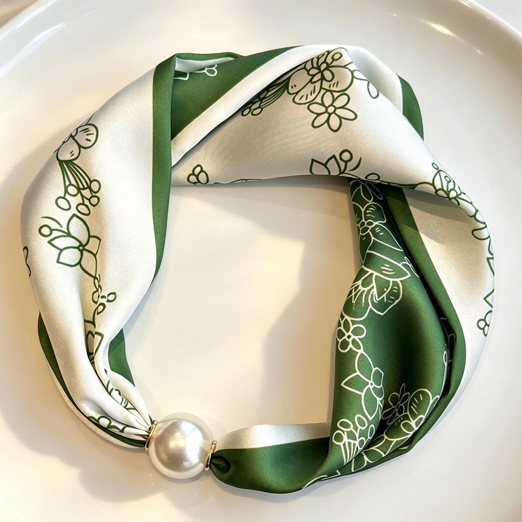 Premium magnetic buckle pearl silk scarf necklace retro flower small scarf Internet celebrities free small scarf